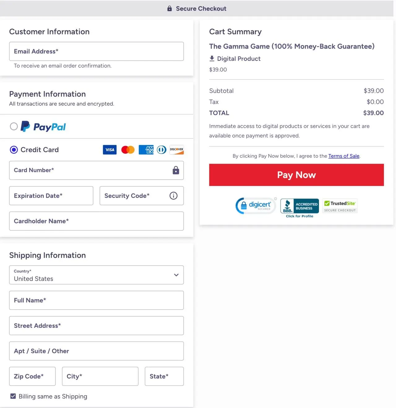 Gamma Game — Secure Order Page USA Best Value